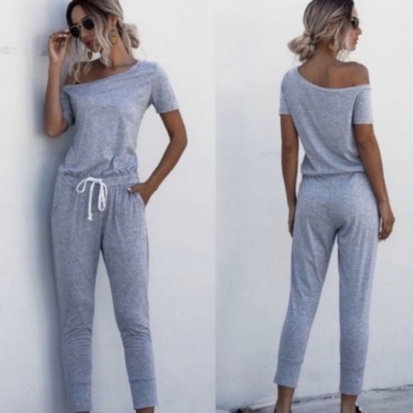 IN STOCK - EMILIE Off Shoulder Grey Jumpsuit - Picture 2 of 3